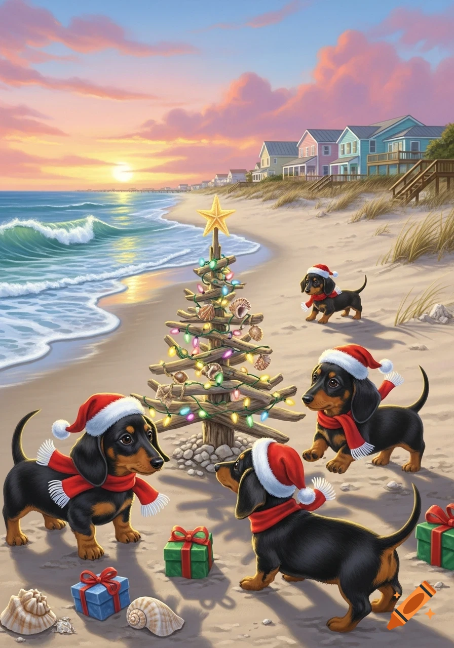 Four dachshund puppies in Santa hats and red scarves gather around a ...