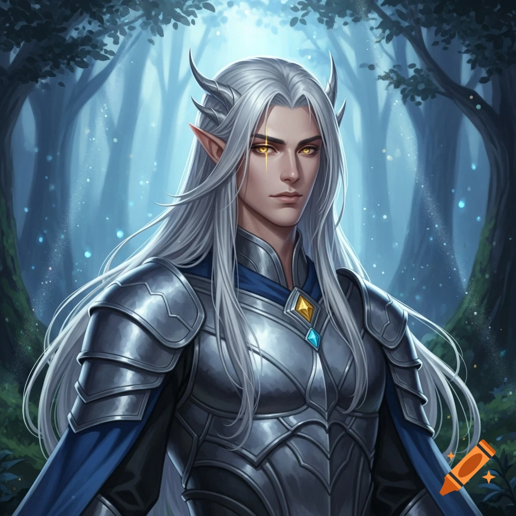 A male fantasy character with long silver hair, golden eyes, pointed ears, and small horns, wearing silver armor in a magical forest.