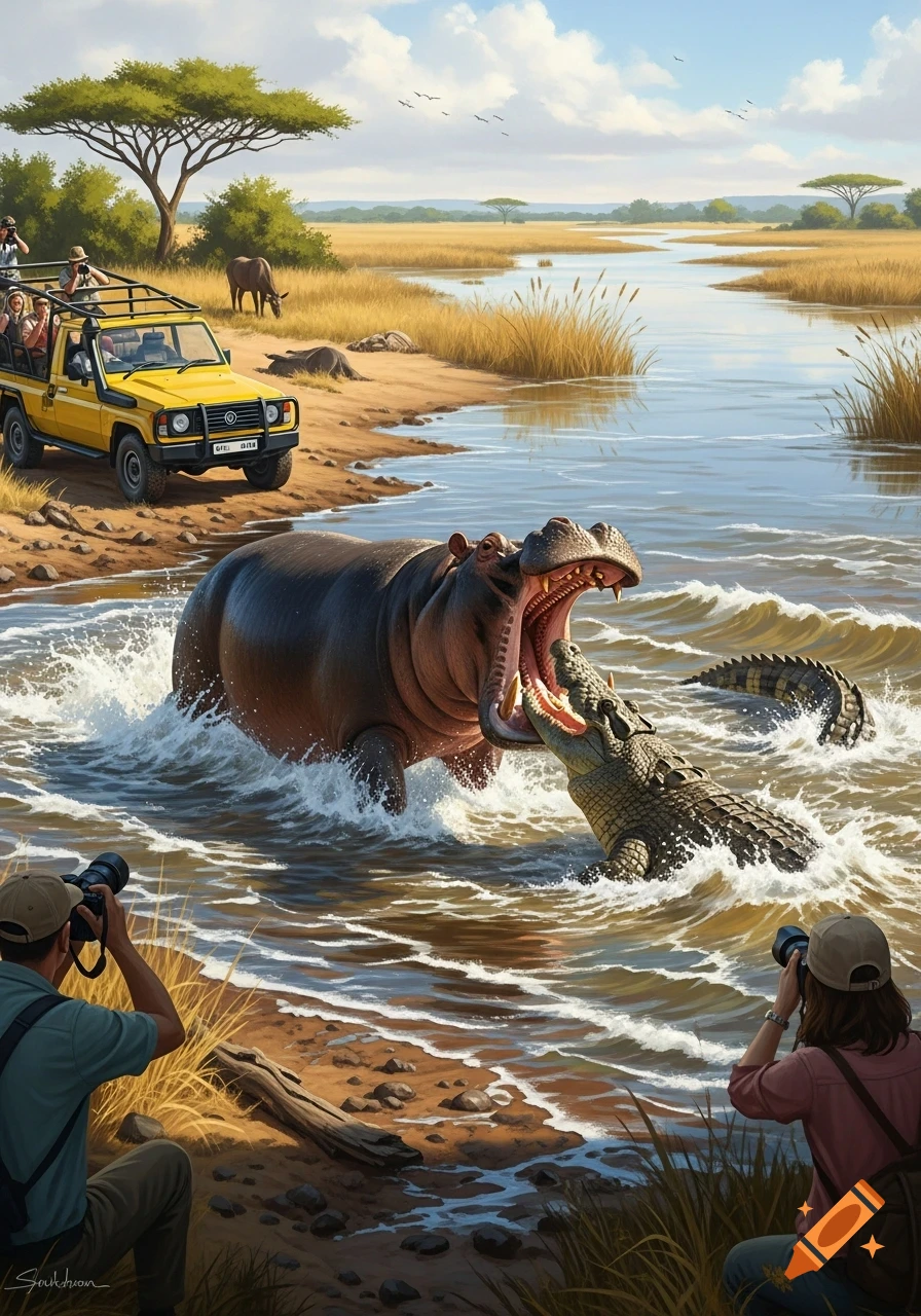 A large hippo with its mouth open bites a crocodile in a river while a safari jeep and photographers watch from the bank.