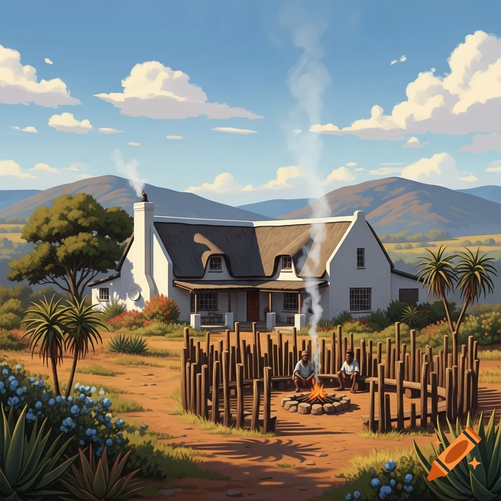 An illustration of a white thatched-roof house in a rural landscape with two figures sitting by a bonfire, surrounded by mountains.