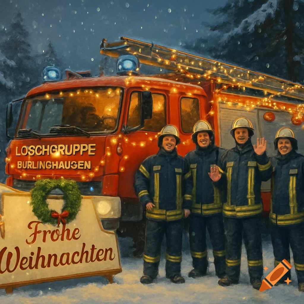 A stylized image of four smiling firefighters in uniform standing in front of a red fire truck decorated with Christmas lights in a snowy, festive scene. A sign in the foreground reads "Frohe Weihnachten".