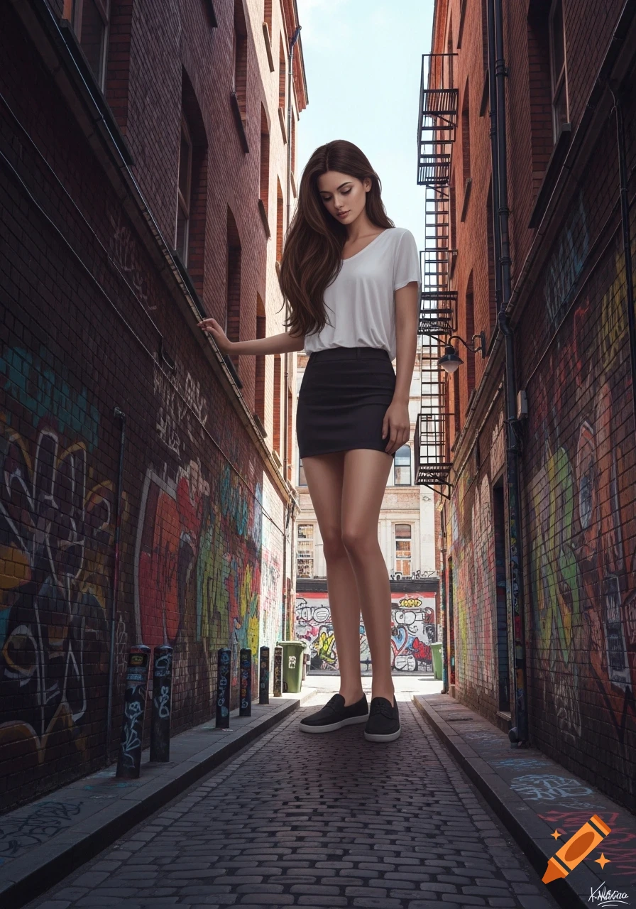 A giant woman in a white t-shirt and black skirt stands in a narrow urban alleyway with graffiti-covered brick walls.