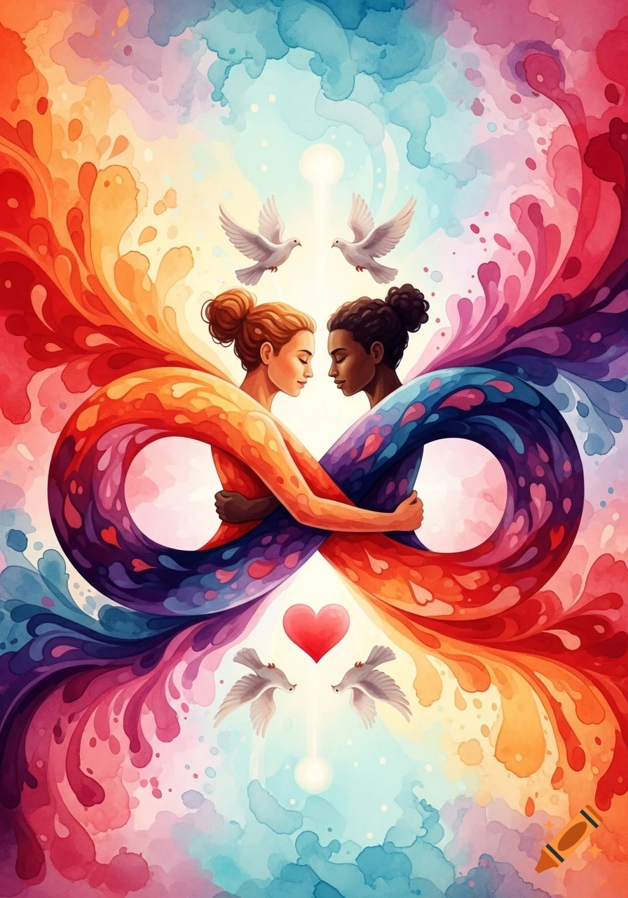 Two women embrace, forming an infinity symbol with flowing rainbow watercolor splashes, doves, and a heart in a vibrant style.