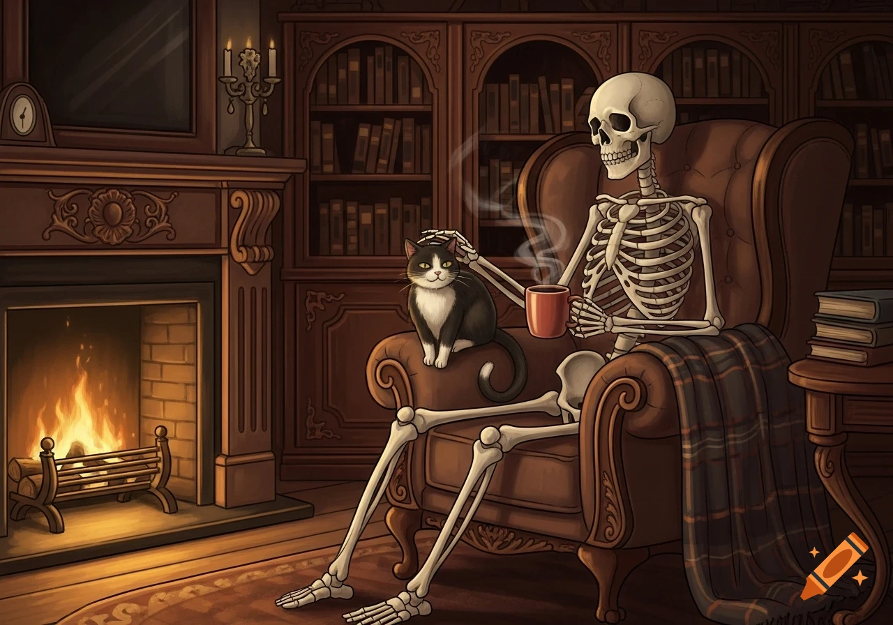 Illustrative image of a skeleton in an armchair, petting a cat while holding a cup, beside a cozy fireplace and bookshelves.
