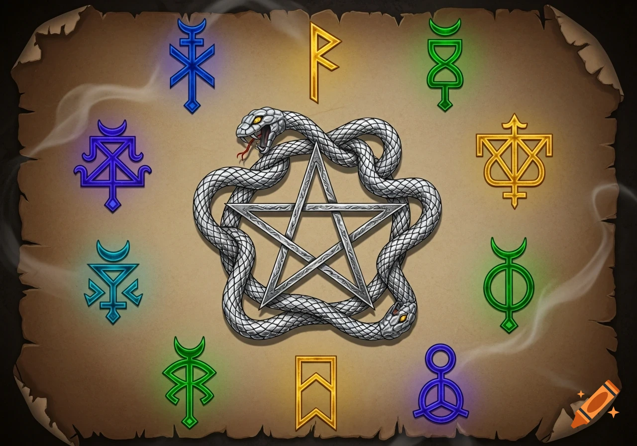 A central silver pentagram with intertwined snakes, surrounded by nine glowing colorful mystical symbols on a parchment background.