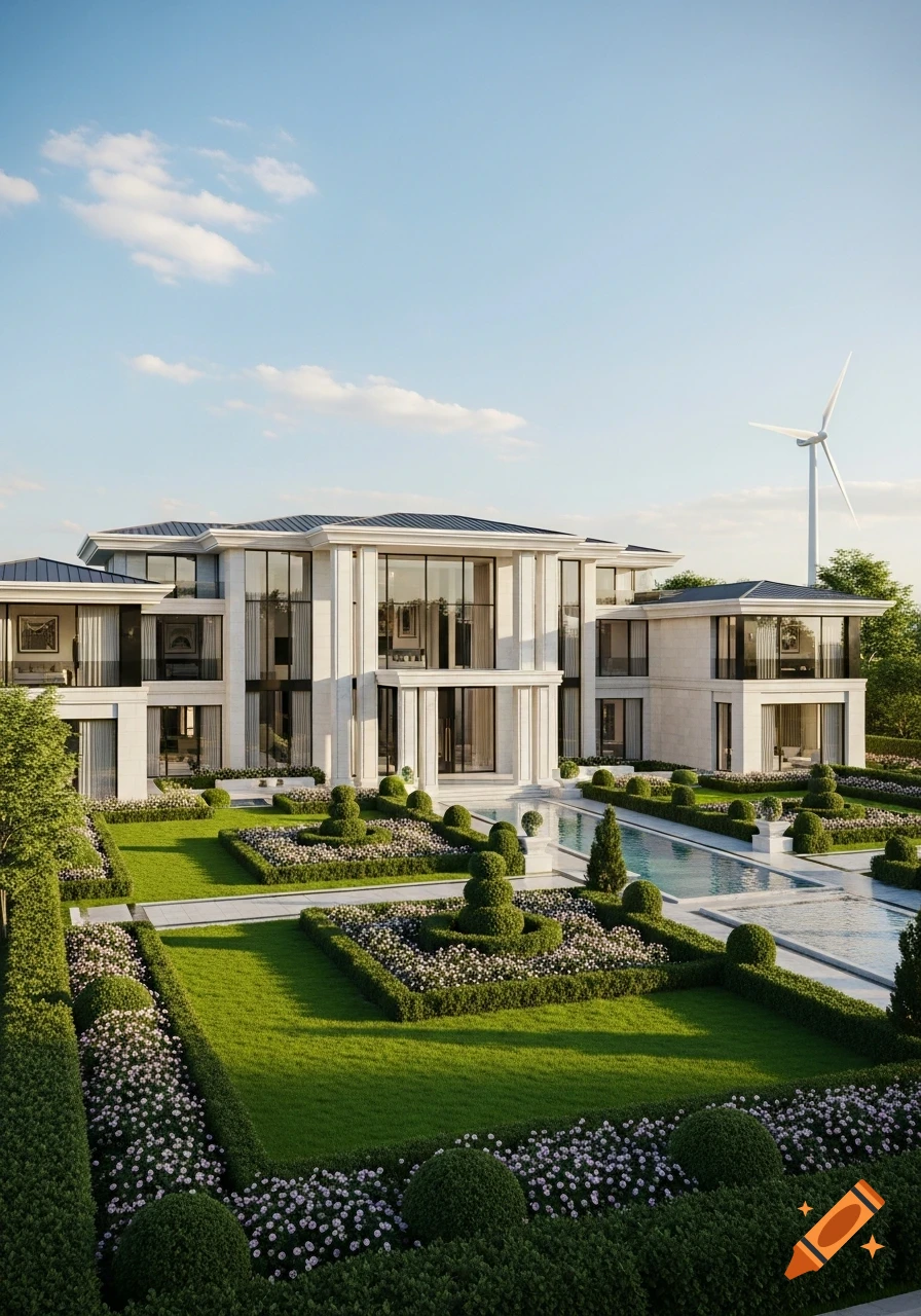 A luxurious, modern white house with large windows, a landscaped garden, a pool, and a wind turbine in the background under a blue sky.