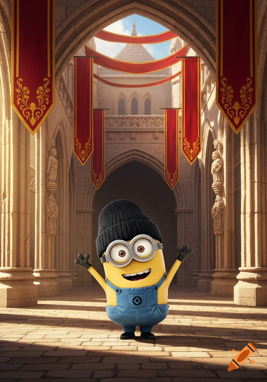 A Minion in a black beanie and denim overalls stands happily in a regal stone hall with arches and red banners.