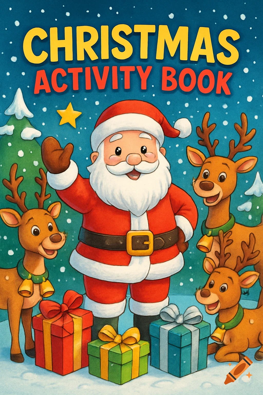 Cartoon Christmas activity book cover with Santa, three reindeer, gifts, and falling snow.