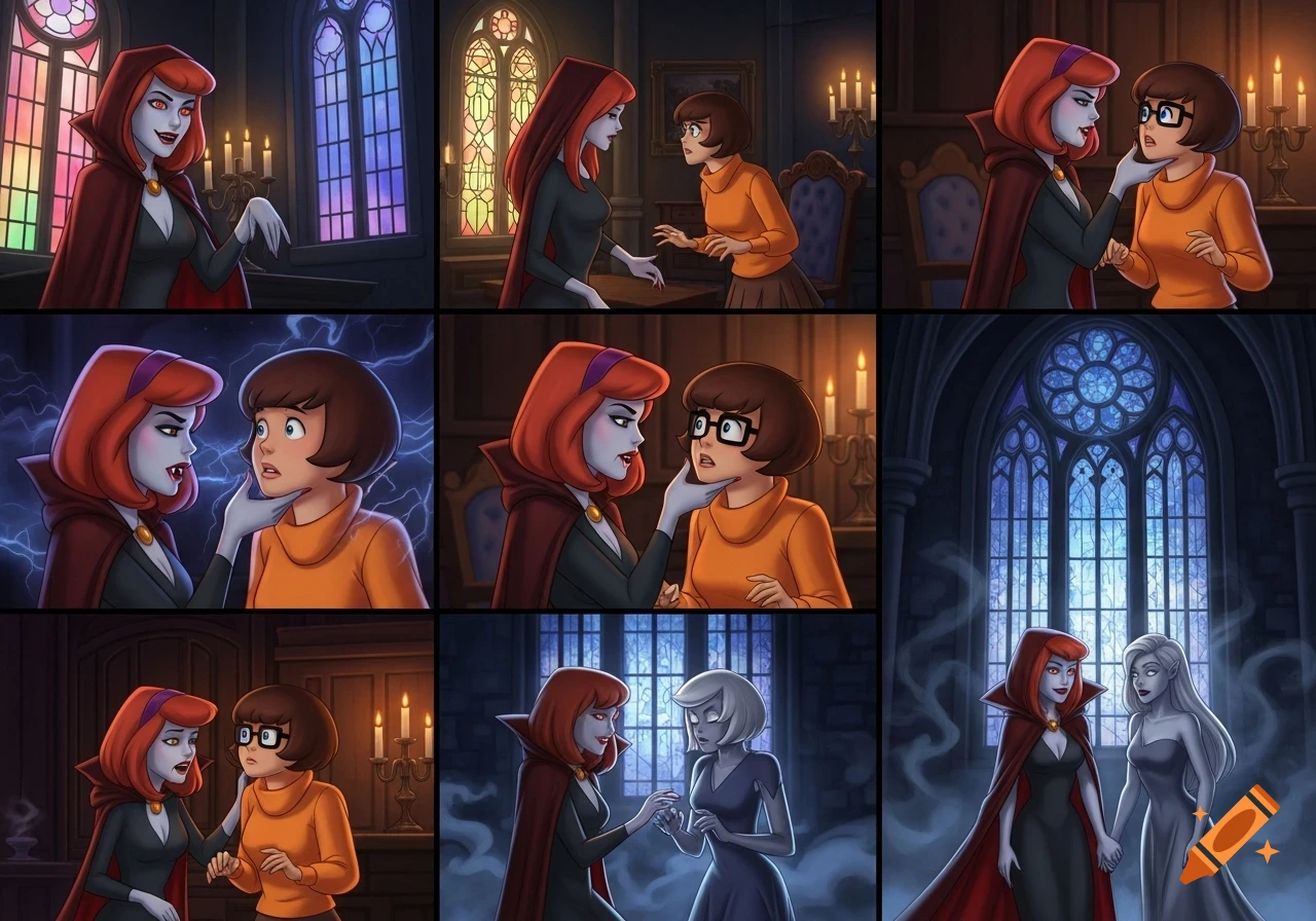 A nine-panel cartoon sequence showing vampire Daphne transforming Velma into a vampire in a Gothic setting.