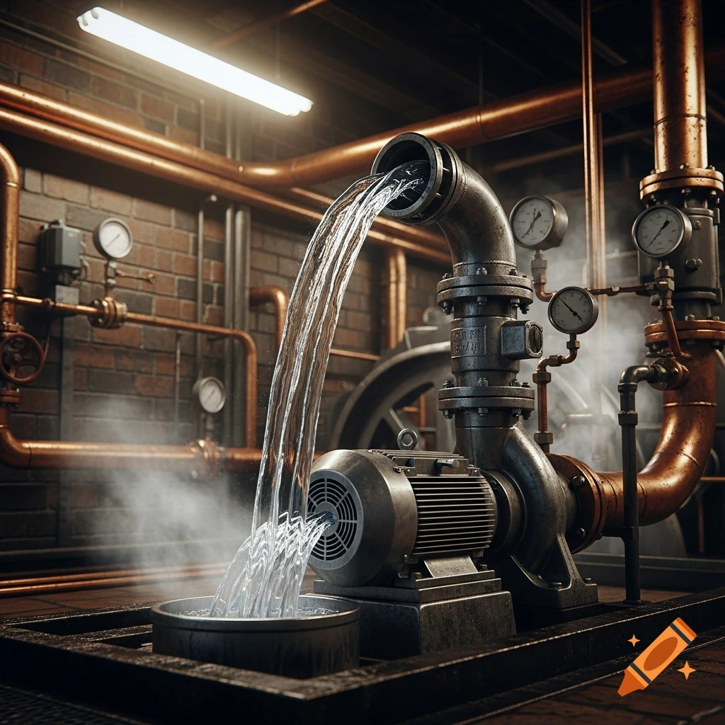 A photorealistic image of a vintage boiler pump system with water actively flowing from a pipe into a basin, surrounded by copper pipes and gauges in an industrial setting.