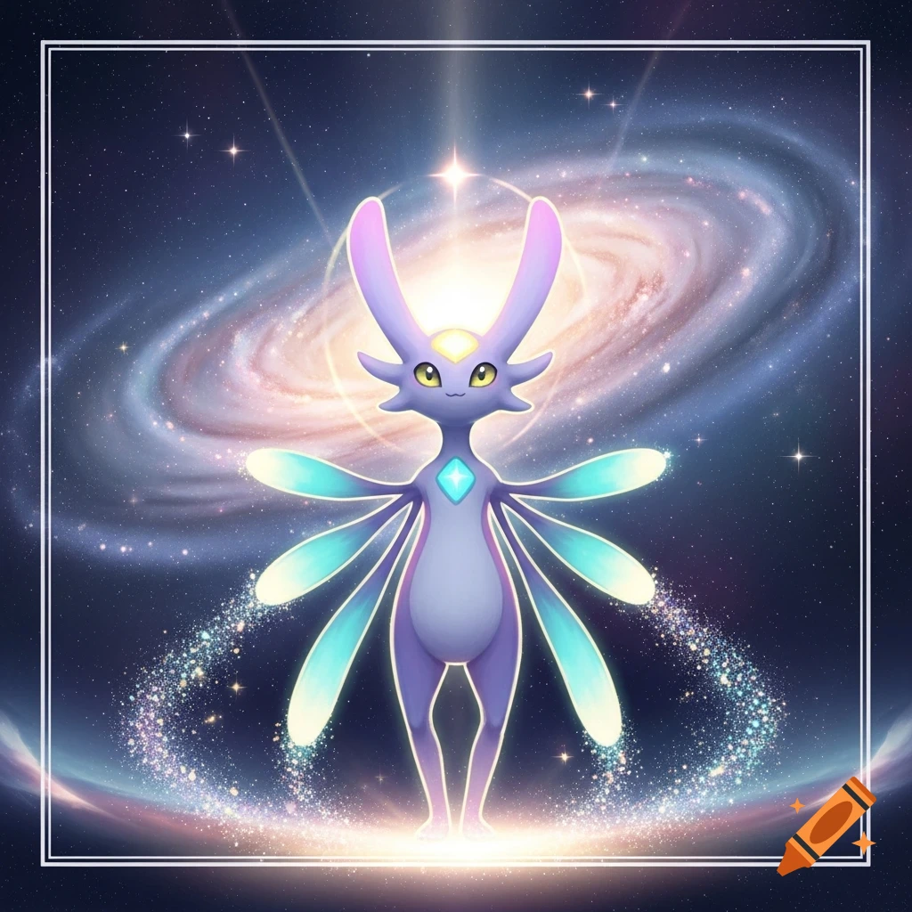 A purple, winged fantasy creature with glowing aqua wings stands in a cosmic landscape with a spiral galaxy behind it.