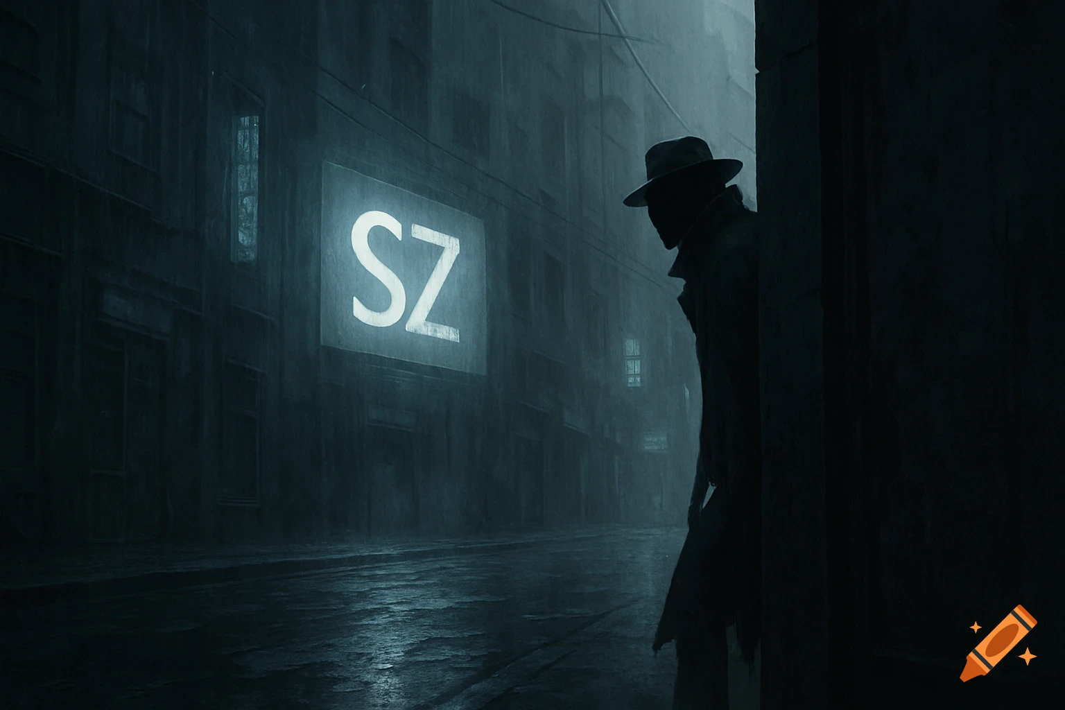 A shadowy figure in a trench coat and hat lurks in a dark, rainy city street under a glowing 'SZ' sign.