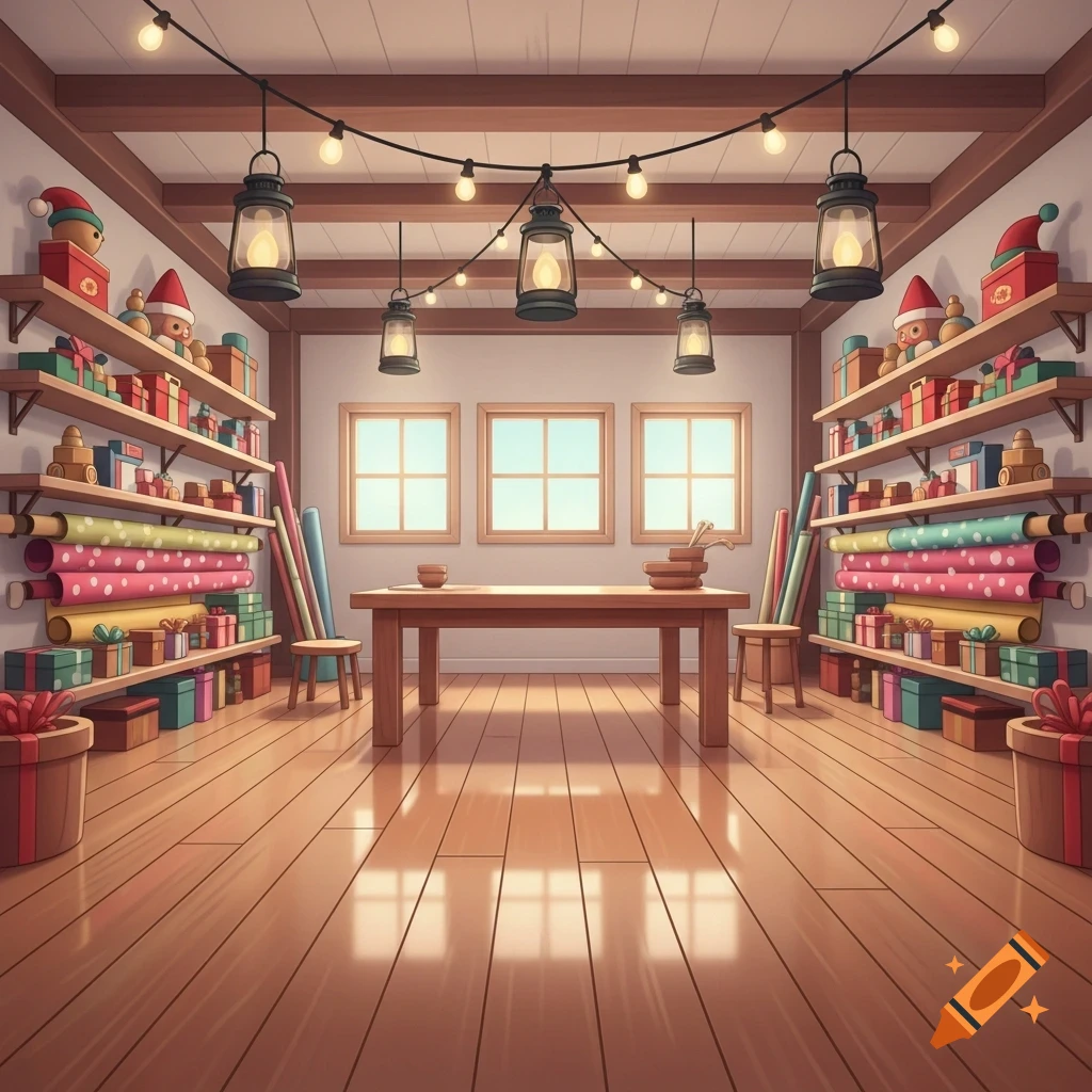 Cartoony Santa's workshop interior with shelves of gifts and wrapping paper, a wooden work table, and string lights.