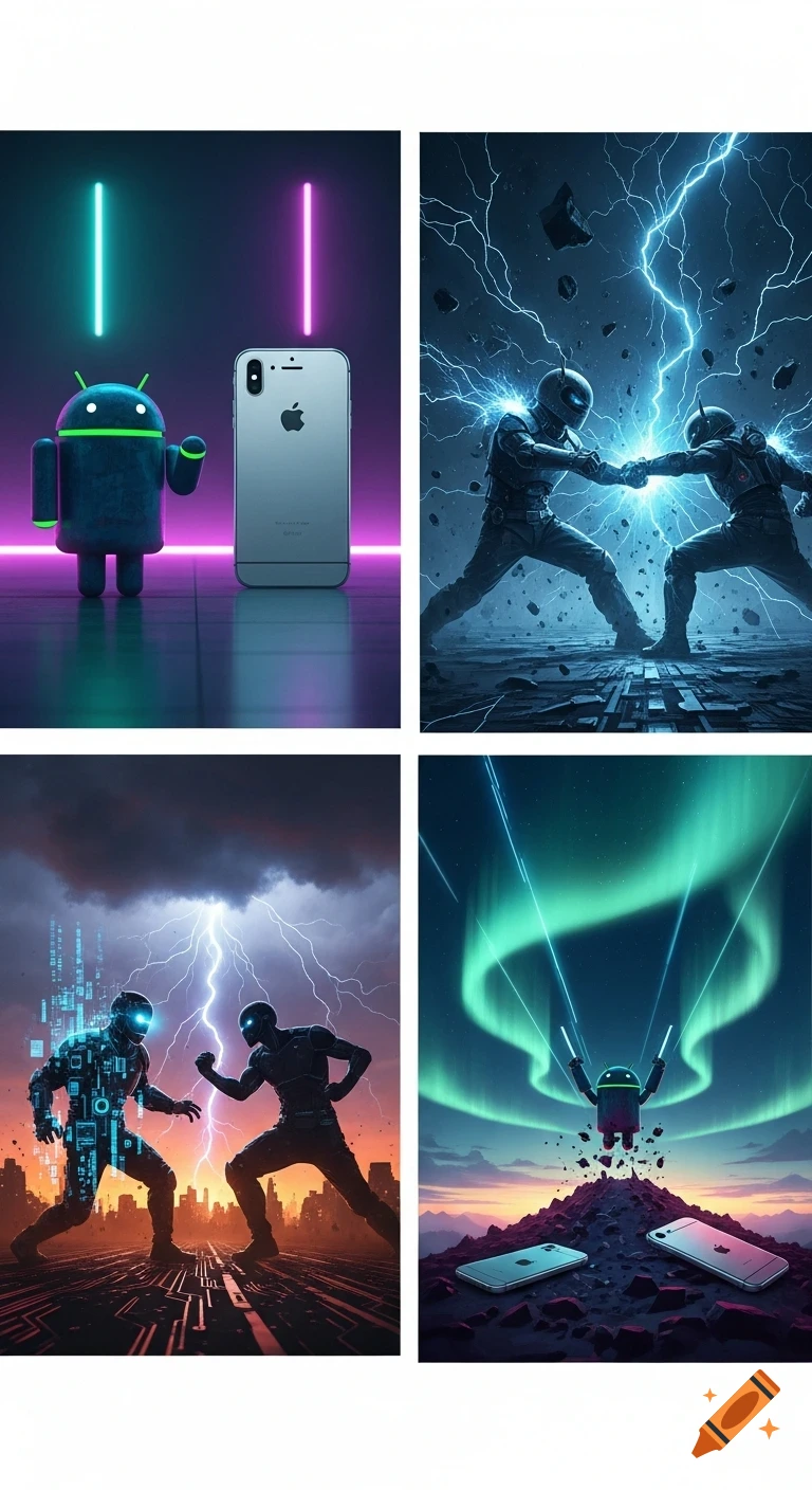 Four digital paintings depicting a battle between Android and iPhone. Panels show robots, armored figures, lightning, and cityscapes.