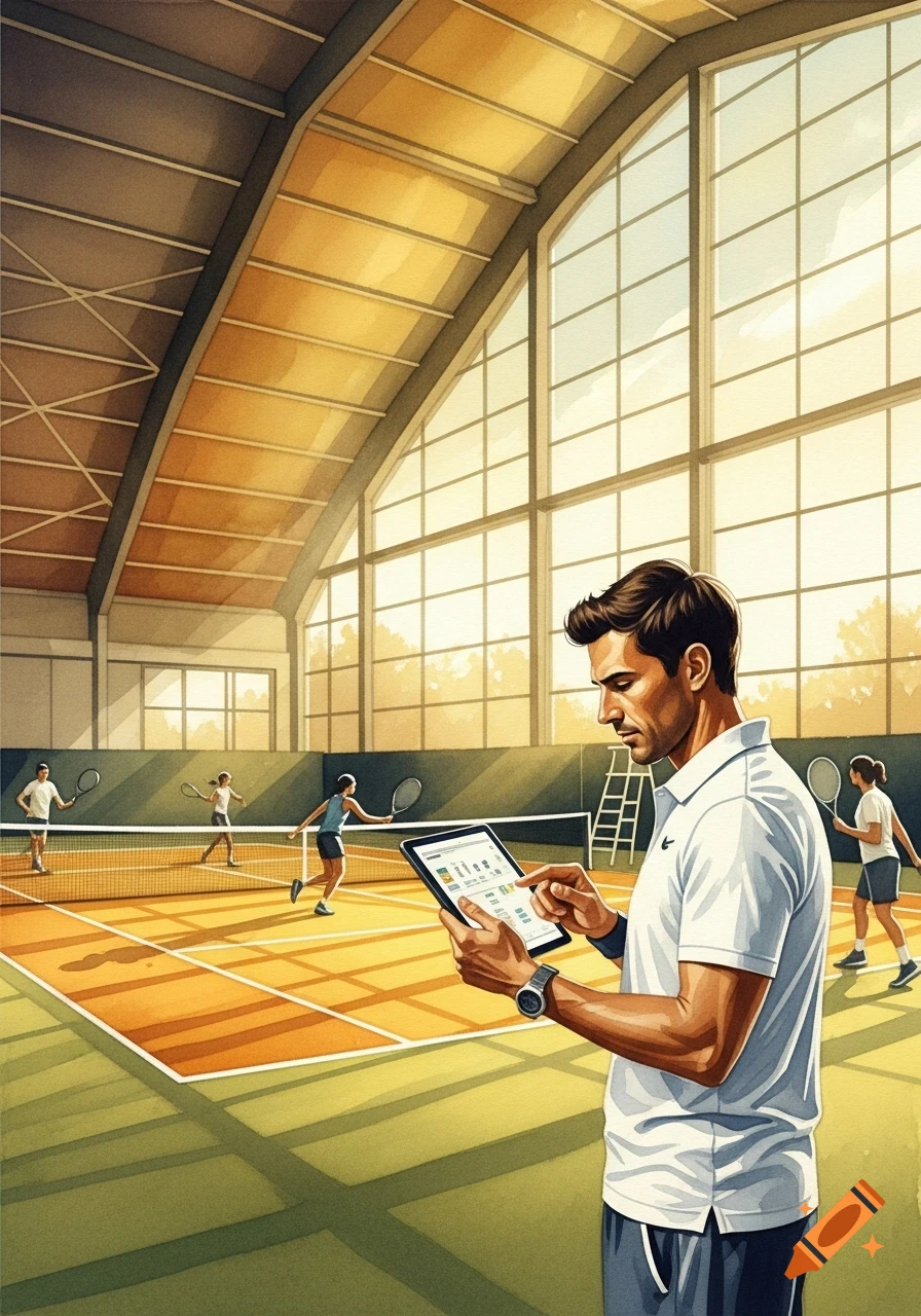 A male tennis coach using a tablet on a sunlit indoor court with players in the background, watercolor style.