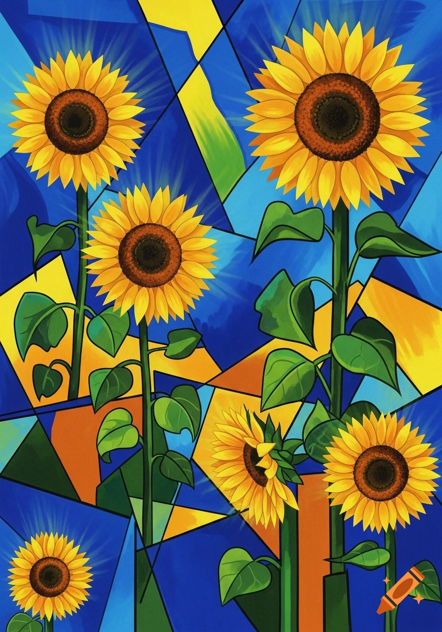 Vibrant stained glass style art depicting multiple sunflowers against a blue and yellow geometric background.