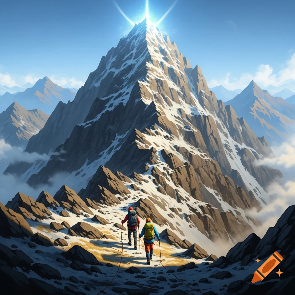 Two hikers with backpacks and poles ascend a snowy, rocky mountain towards a glowing peak under a clear blue sky.