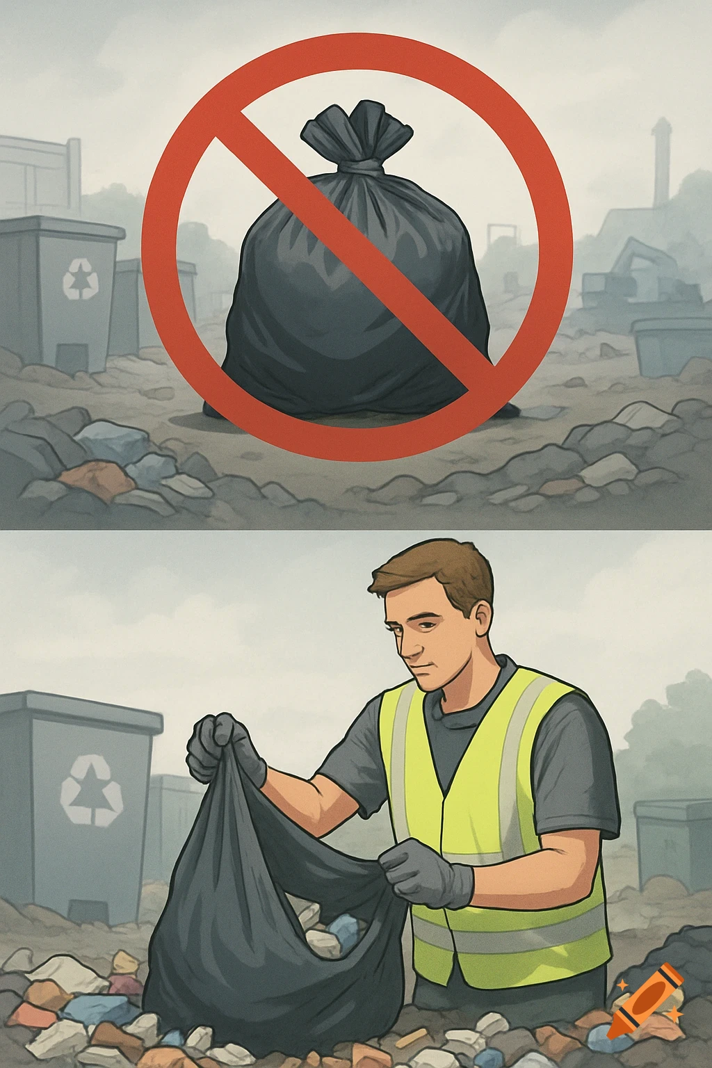 Two-panel illustration: top shows a red forbidden symbol over a closed black trash bag; bottom shows a man in a yellow vest sorting trash into an open black bag in a junkyard.