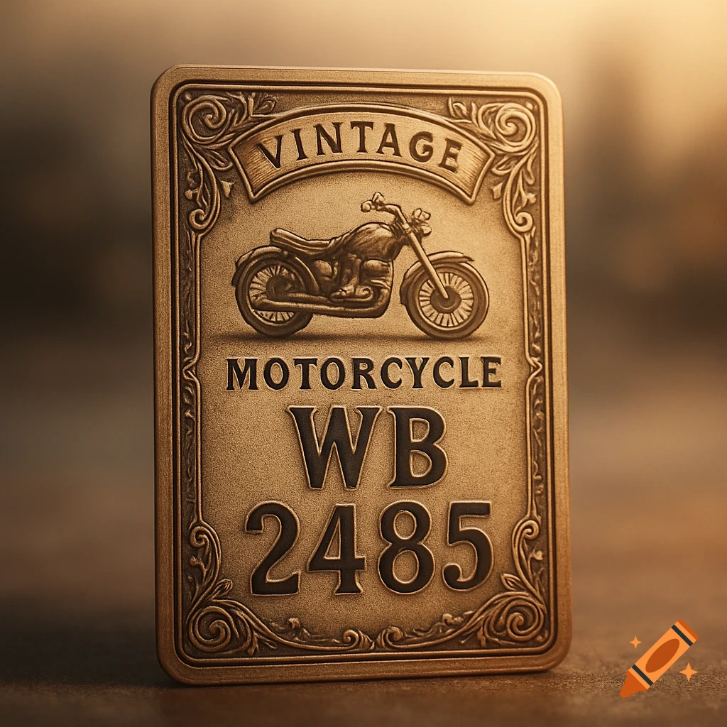 Vintage bronze-colored plaque with an embossed motorcycle, 'VINTAGE', 'MOTORCYCLE', 'WB', and '2485' text.