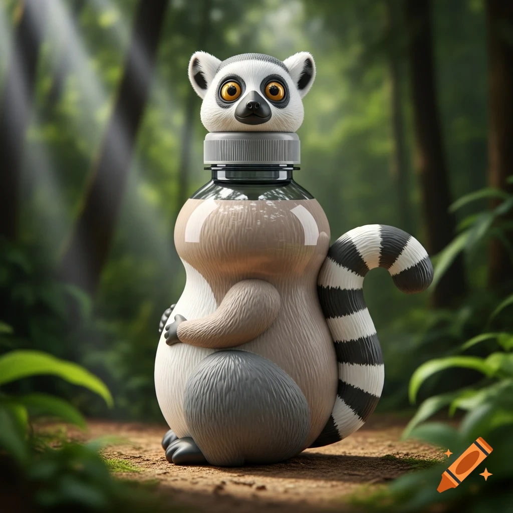 A cute, stylized lemur-shaped plastic bottle with a striped tail stands in a lush forest with sunbeams.
