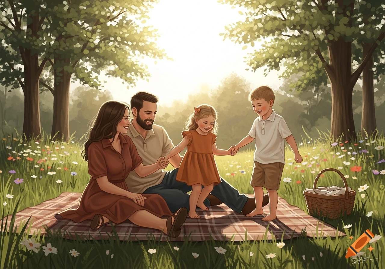 A family with two children enjoys a sunny picnic on a plaid blanket in a park with trees and wildflowers.