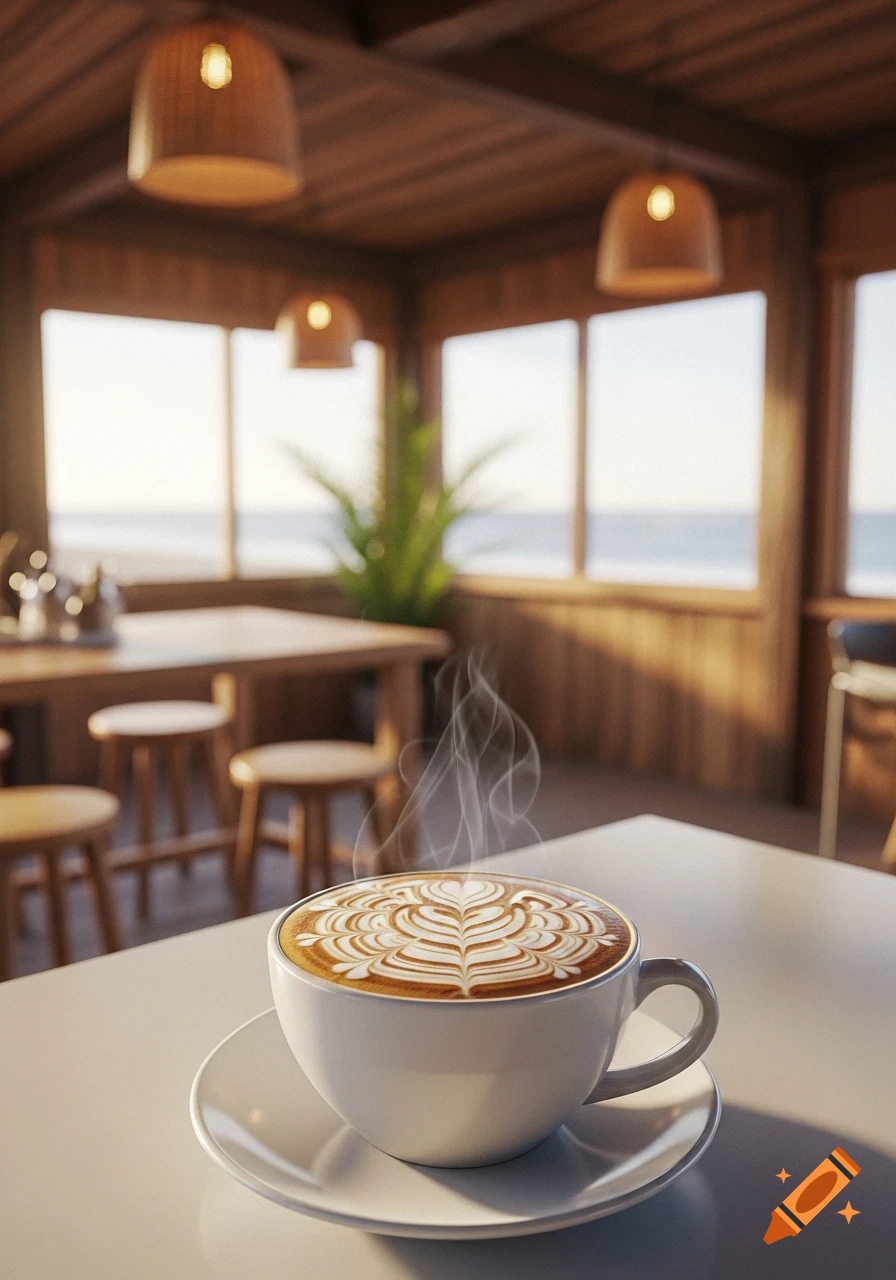Steaming coffee cup with elaborate latte art on a white table in a cozy beachside cafe with ocean views.