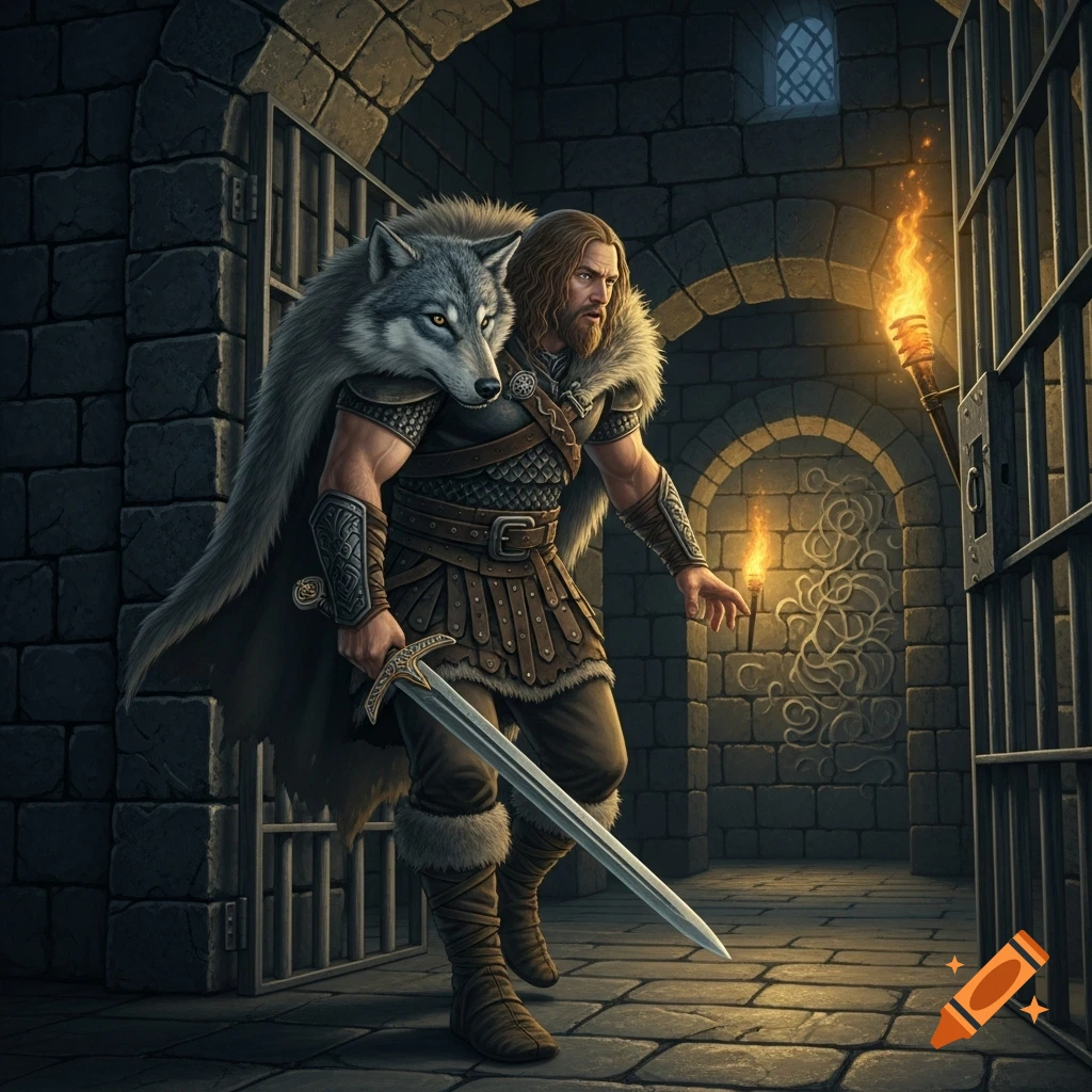 A muscular warrior with a beard and a wolf pelt cape, holding a sword, tip-toes out of a stone dungeon cell, illuminated by torchlight.