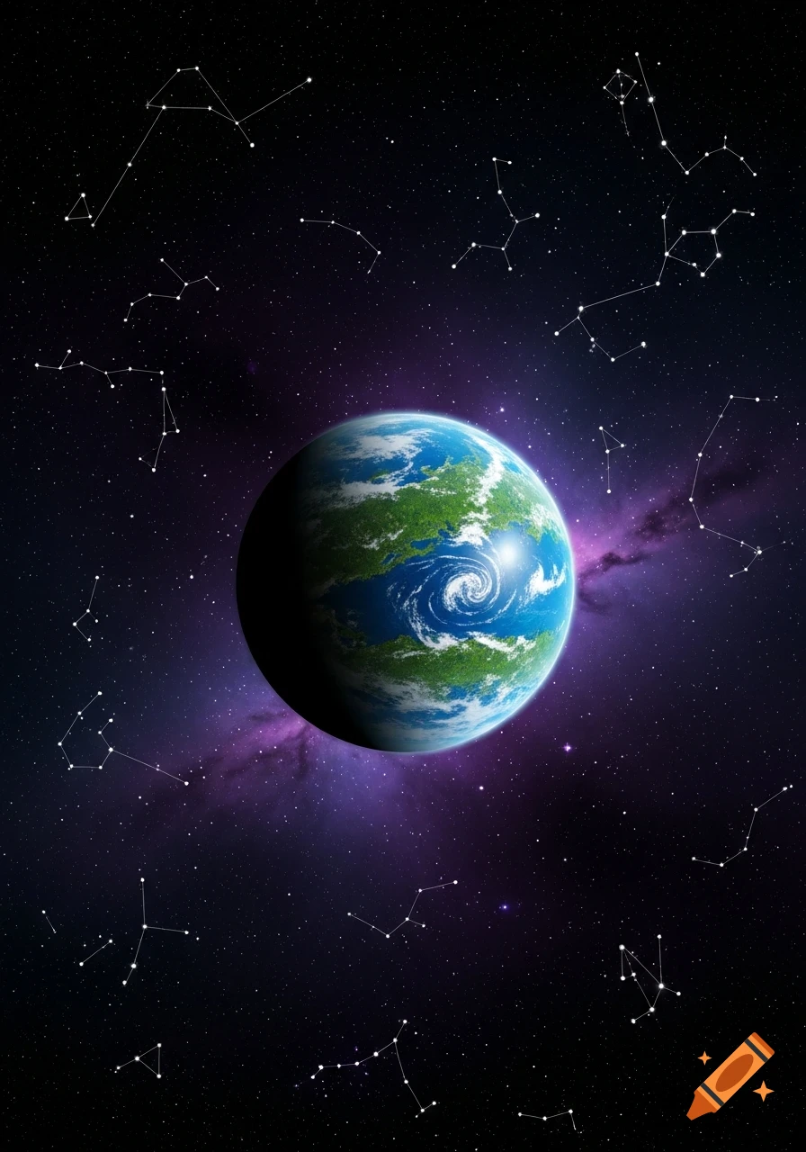 A vibrant blue and green planet with swirling clouds in deep space, surrounded by numerous constellations and a purple nebula.