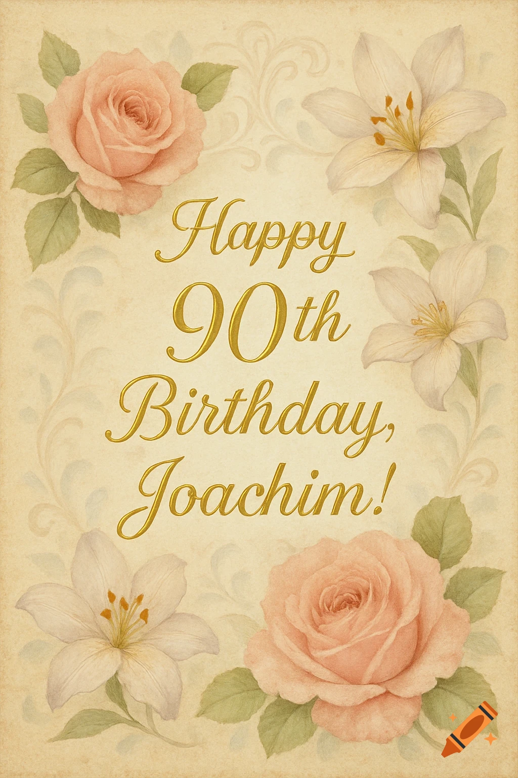 A vintage birthday card with pink roses and white lilies, featuring "Happy 90th Birthday, Joachim!" in gold script.
