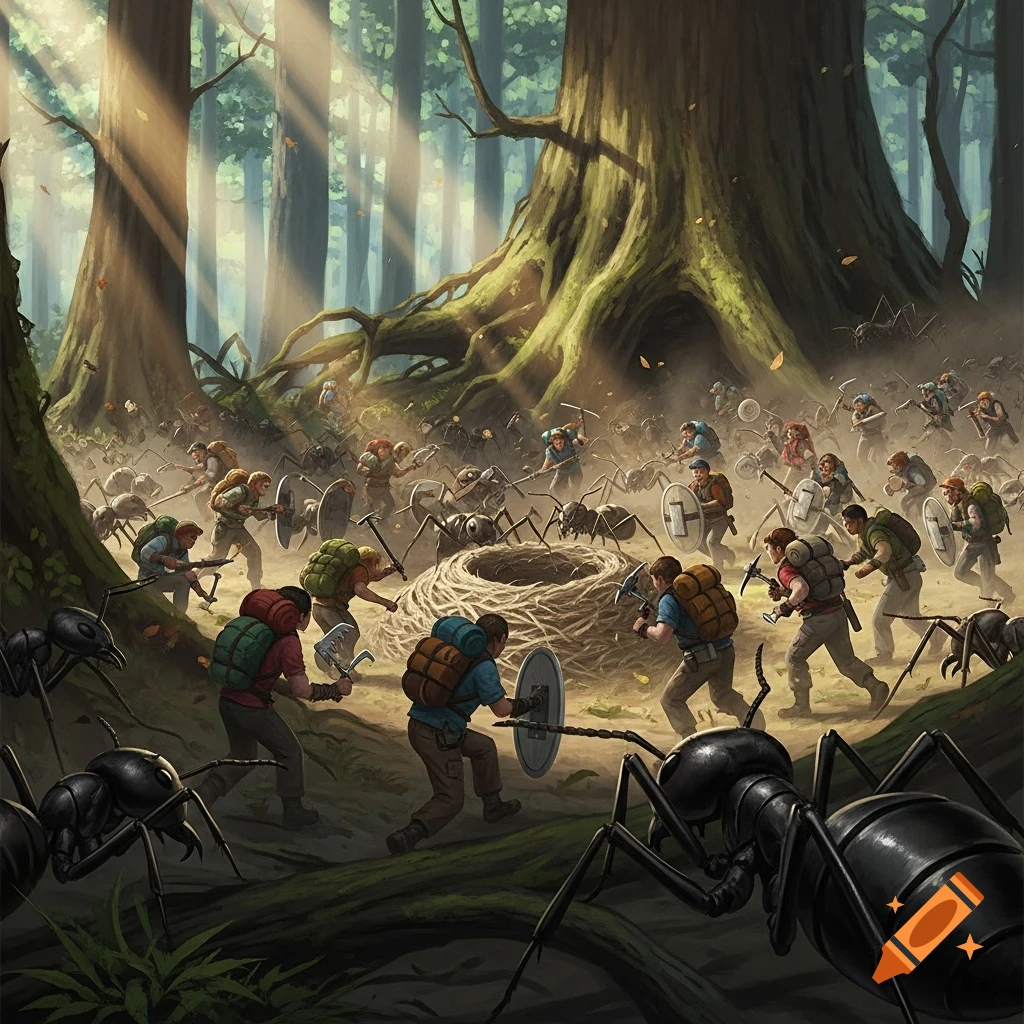 A fantasy illustration of armed campers fighting giant ants around a nest in a lush forest.