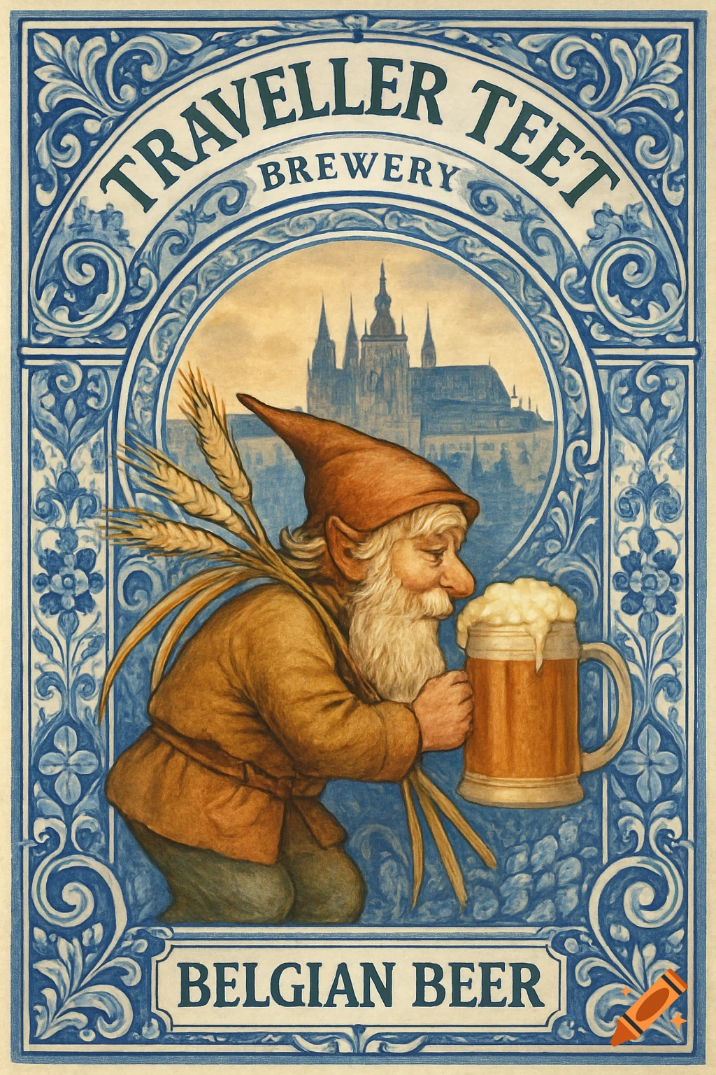 Illustration of a gnome with beer and wheat stalks, castle in background, framed by blue and white Portuguese tile art.