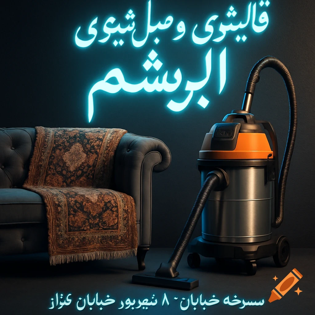 A poster with glowing blue Arabic text advertising carpet and upholstery cleaning, featuring a black sofa with a patterned rug and an industrial vacuum cleaner.