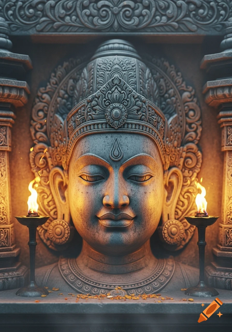 Close-up of a detailed stone relief of a deity's head, likely Indian, flanked by two glowing torches in an ornate setting.