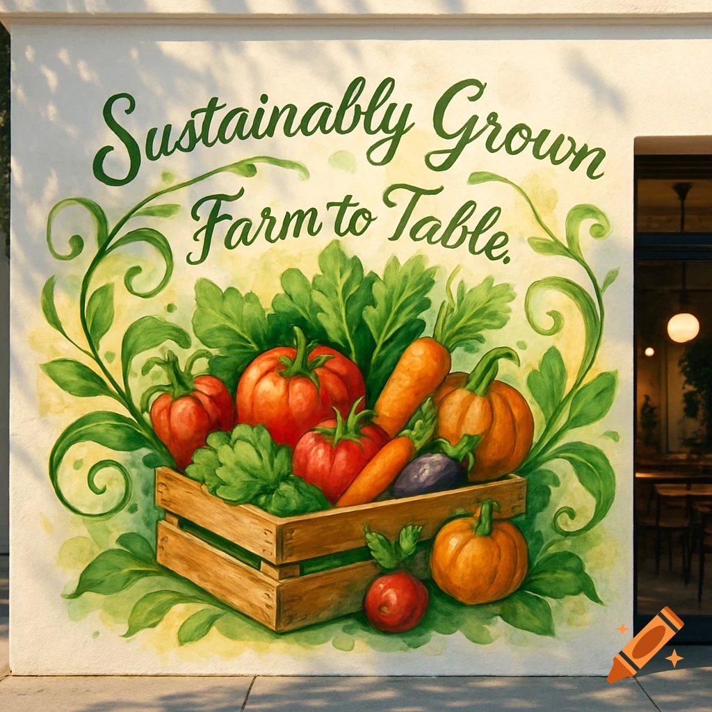 Watercolor mural on a cafe wall depicting a wooden crate filled with vibrant vegetables and the text 'Sustainably Grown Farm to Table'.
