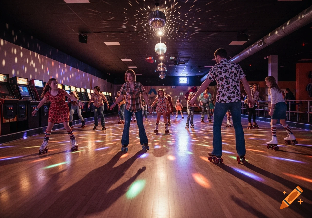 People roller skating in a vibrant retro roller rink under disco ball lights, with arcade machines in the background.
