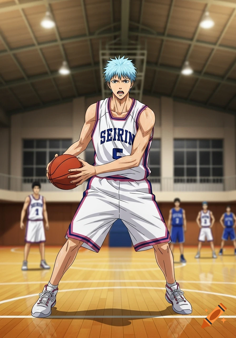 An anime male basketball player with light blue hair in a white uniform holding a basketball on a court.