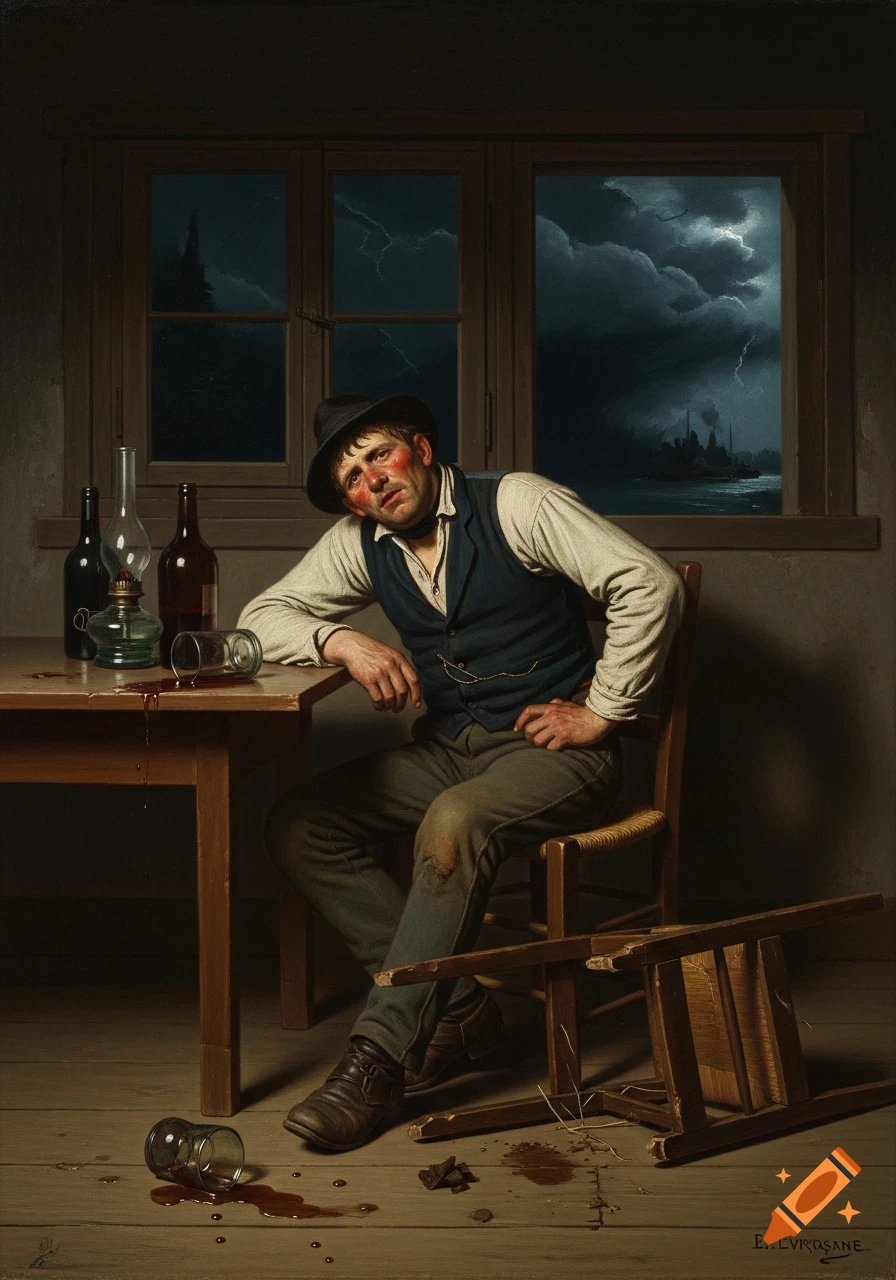 Dark realistic painting of a haggard drunk man at a table with spilled wine and a broken chair, stormy night visible through the window.