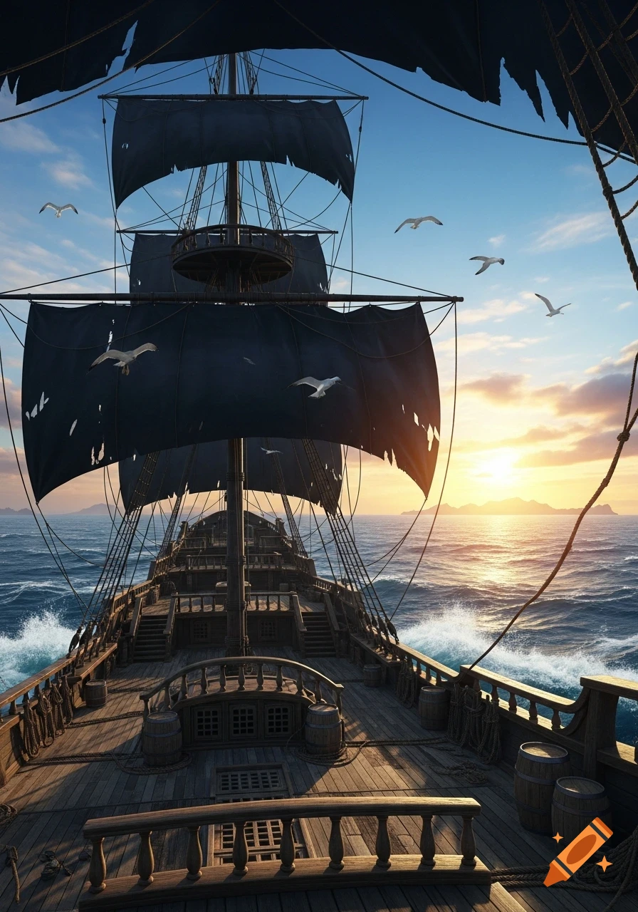 View from the deck of a pirate ship with black torn sails on the open sea at sunset, with seagulls flying in the sky.