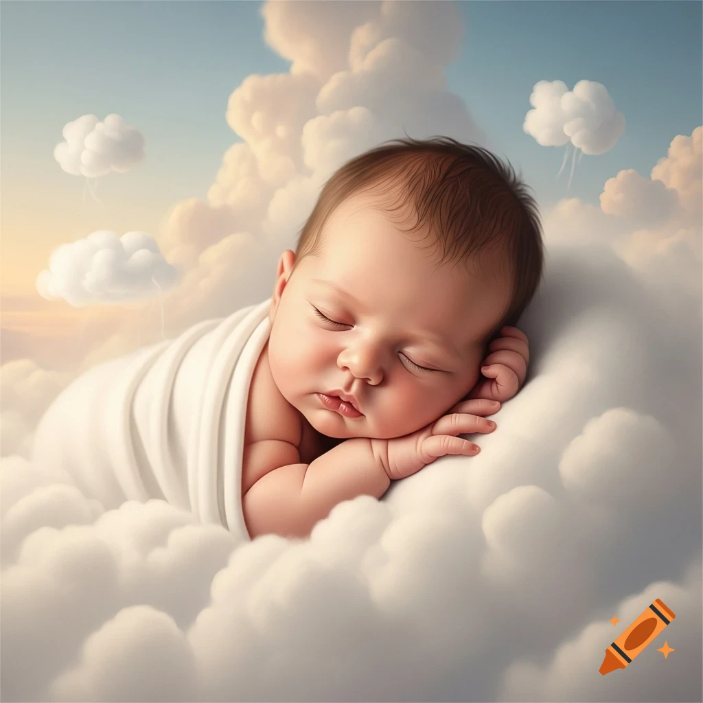 A photorealistic newborn baby, wrapped in a white blanket, peacefully sleeps on soft white clouds under a clear sky.