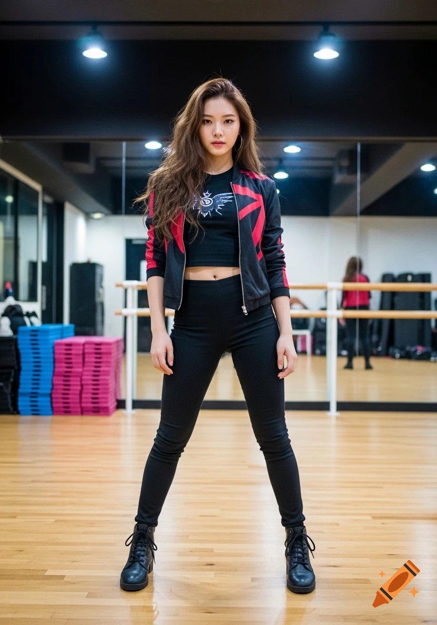 A tall kpop dancer with long brown wavy hair, wearing a black crop top, red and black jacket, and black leggings, poses in a dance studio.