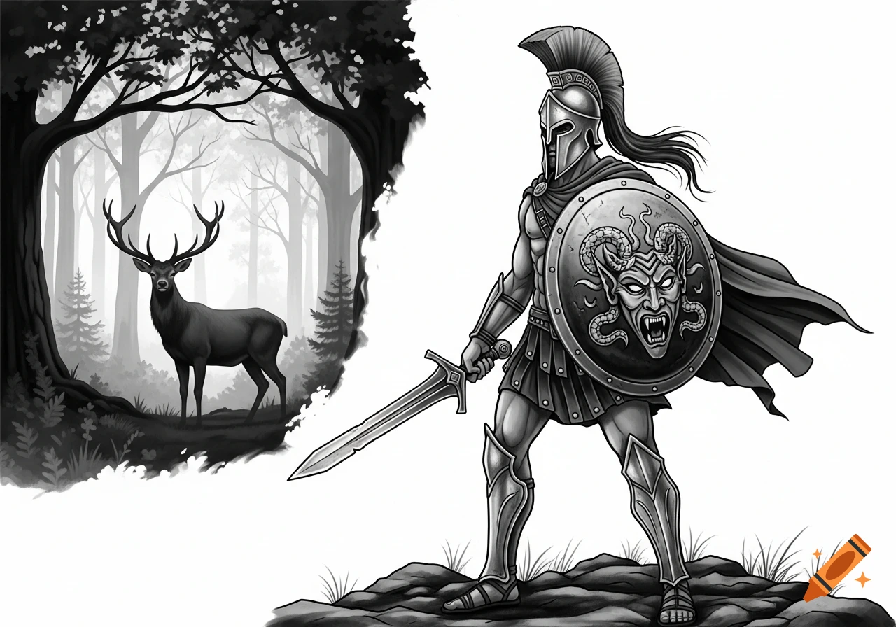 Black and white tattoo art of a Spartan warrior with sword and shield facing a deer in a forest.