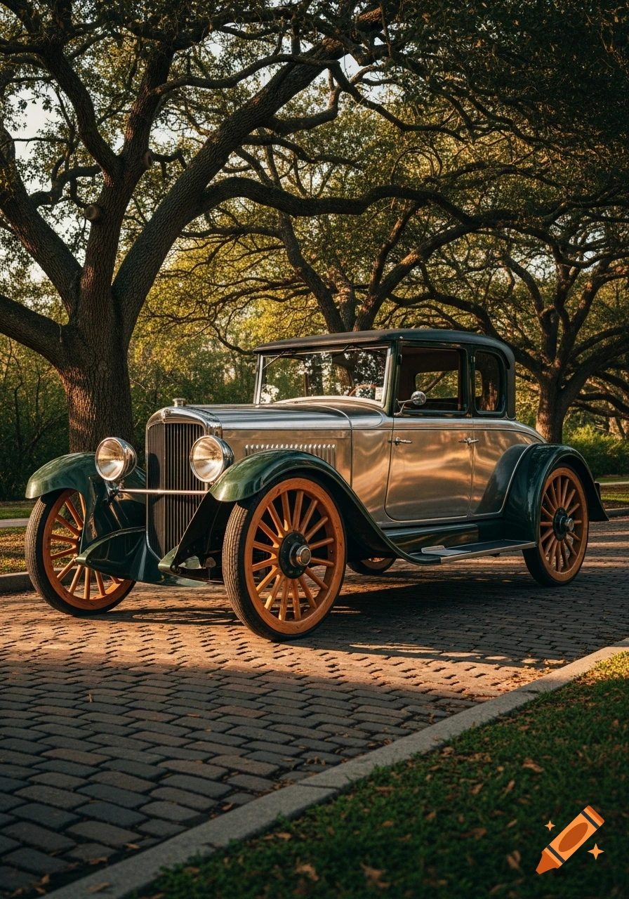 A photorealistic vintage car with green fenders and wooden-spoked wheels is parked on a cobblestone path under large trees.
