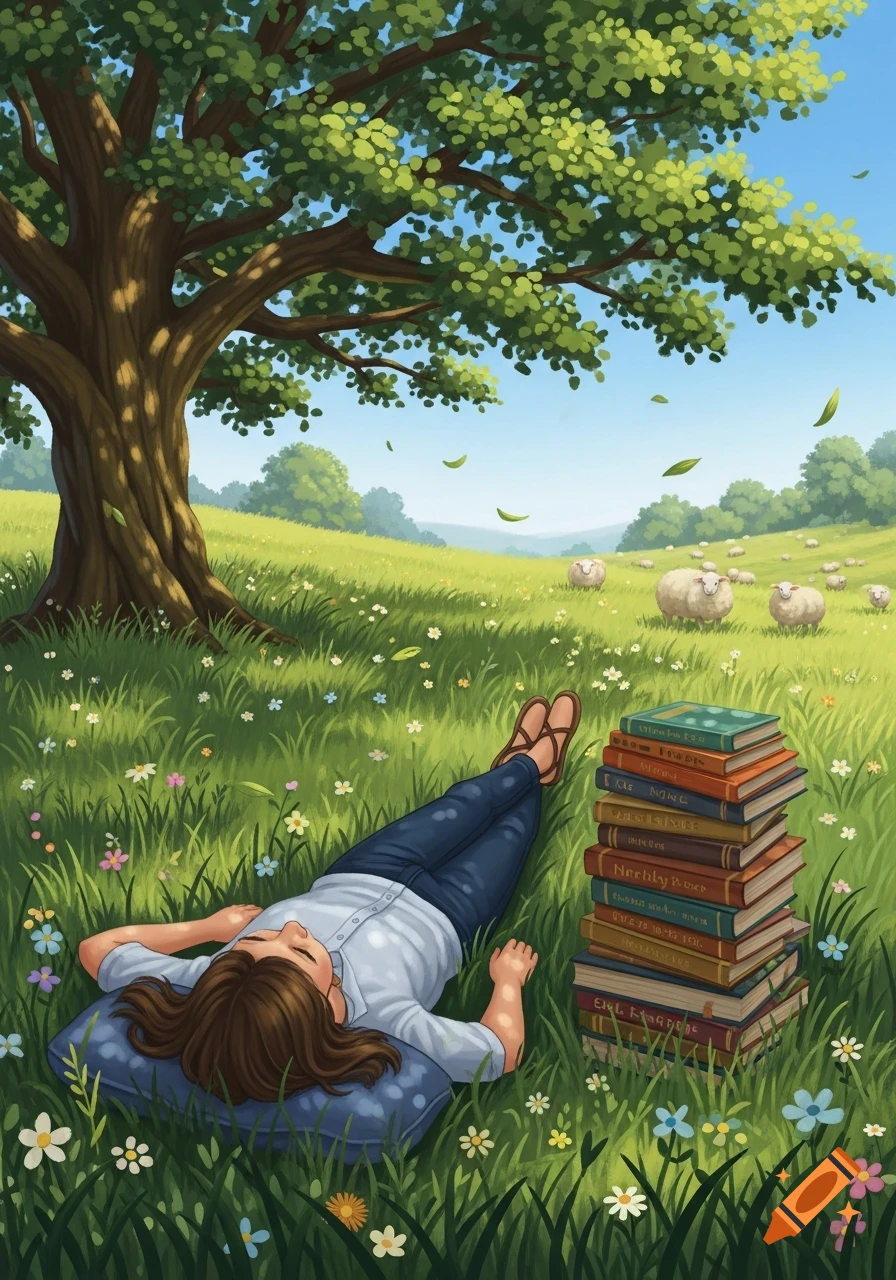 Illustration of a woman relaxing in a sunny meadow with wildflowers, a stack of books beside her and sheep in the distance.