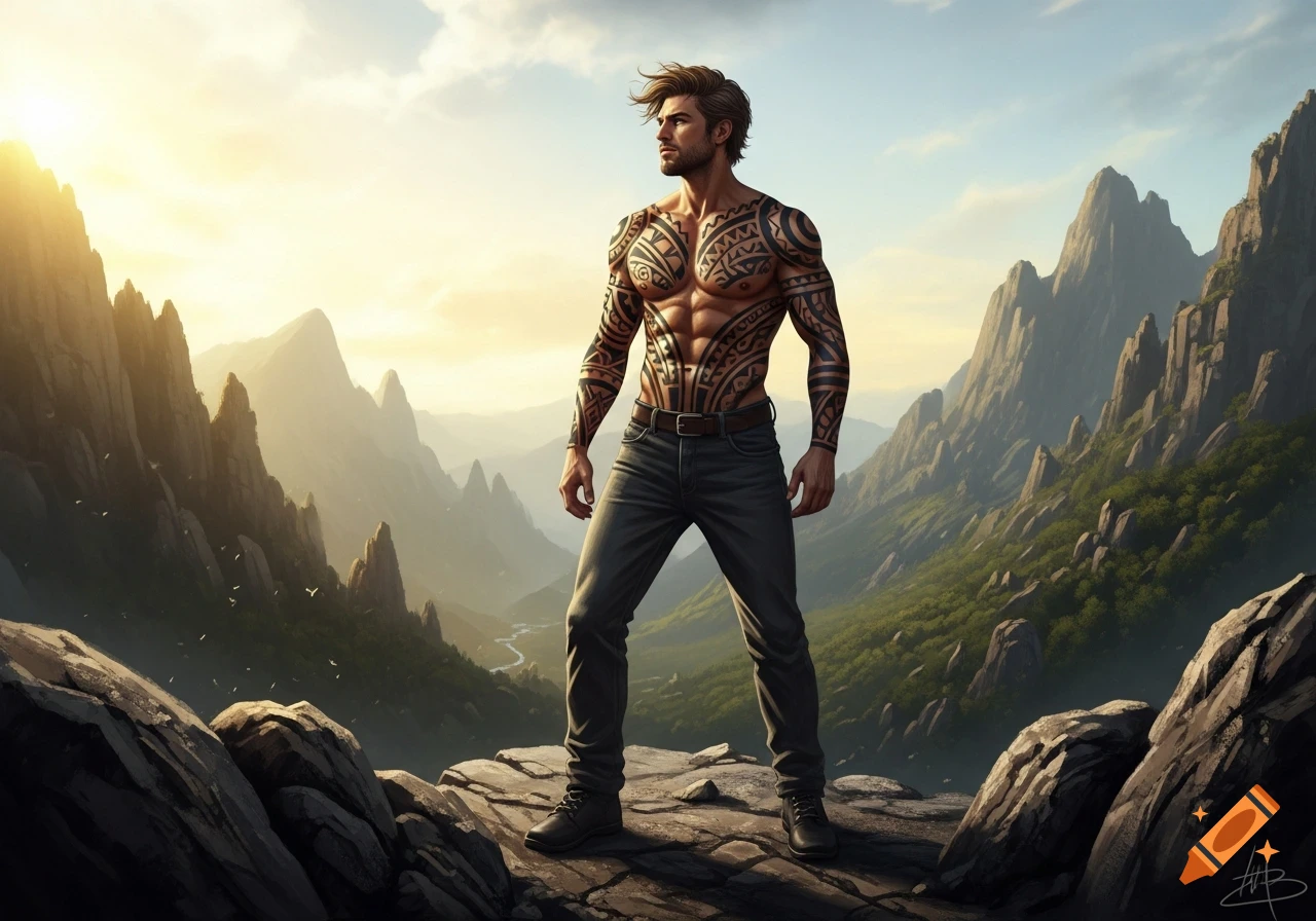 A shirtless, tattooed man stands on a rocky mountain overlooking a vast range at sunrise in a detailed artistic style.