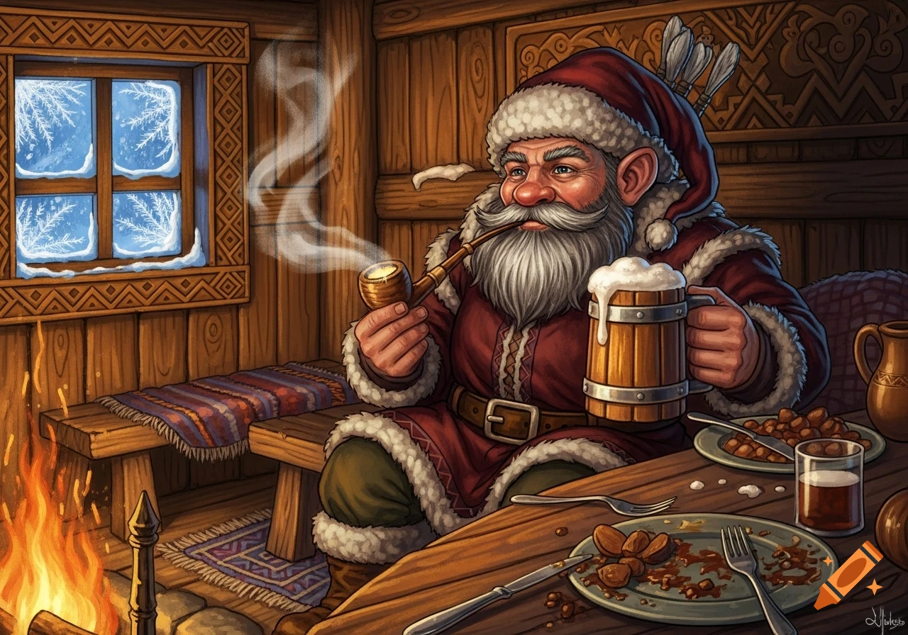 A jovial, bearded gnome in a red suit smokes a pipe and drinks ale at a wooden table in a cozy cabin by a fireplace, with a frosty window view.