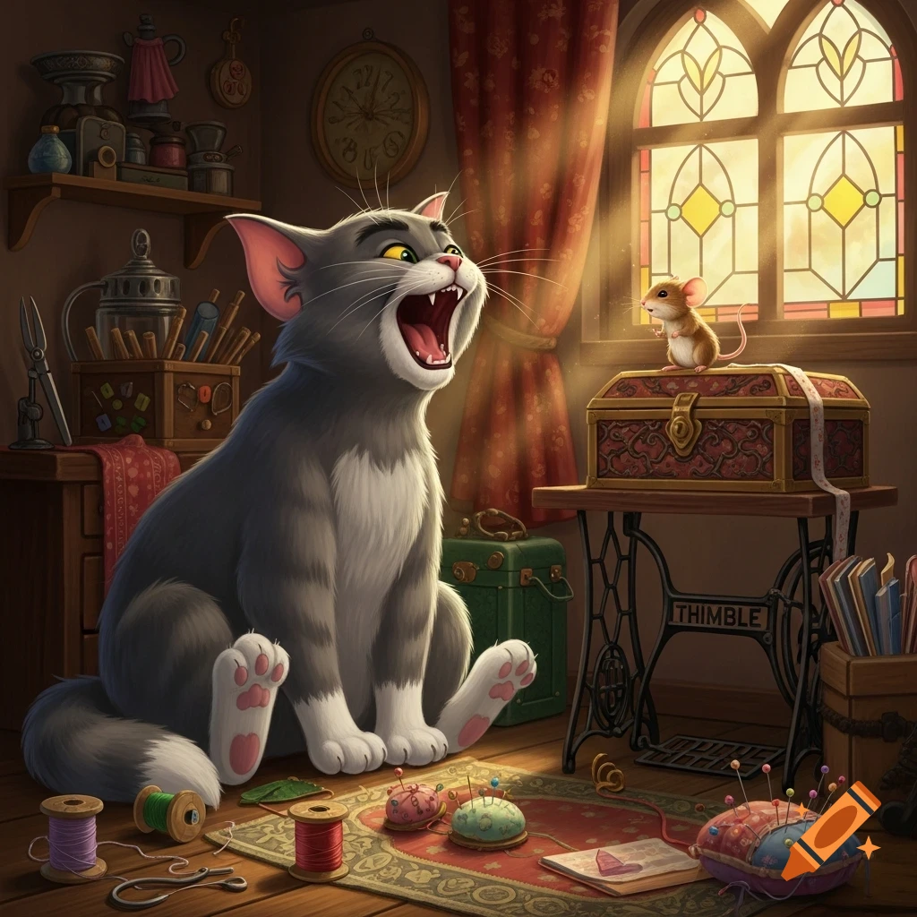 A large gray cartoon cat with its mouth wide open sits on a rug next to a sewing machine, looking at a small mouse on a box.