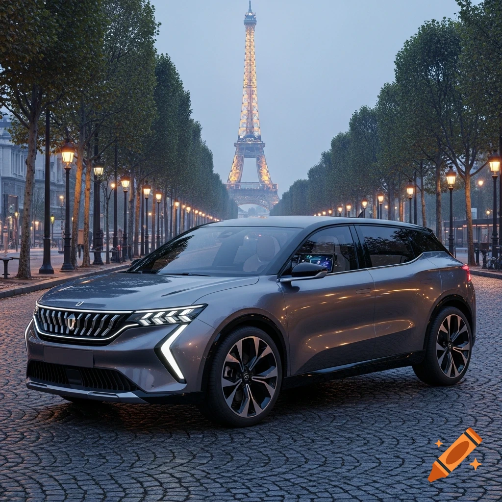 A sleek grey modern car on a cobblestone street in Paris, with illuminated lampposts and the Eiffel Tower in the background.