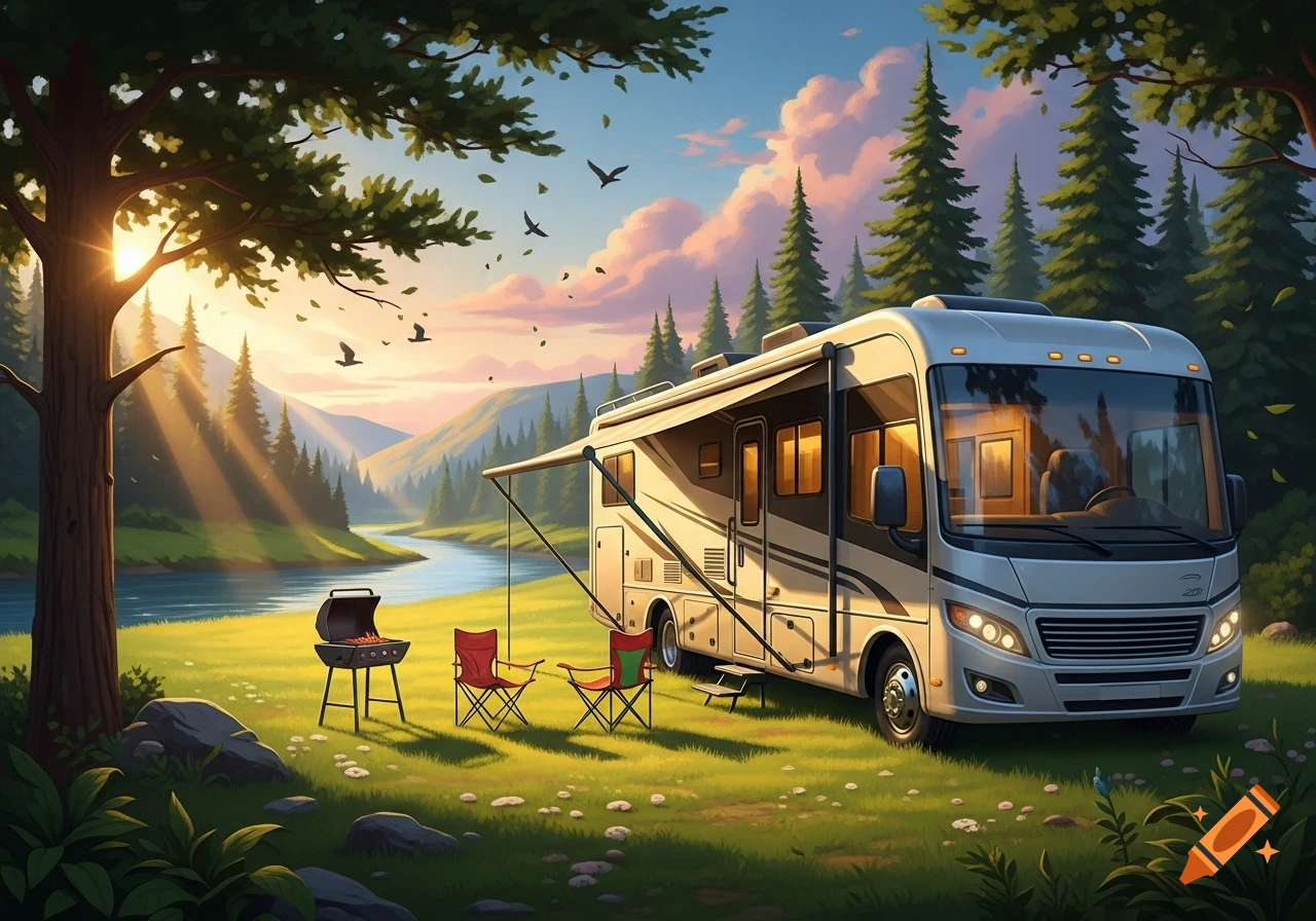 Illustrated RV parked by a river in a green valley with a BBQ grill and chairs under a sunset sky, with trees and birds.