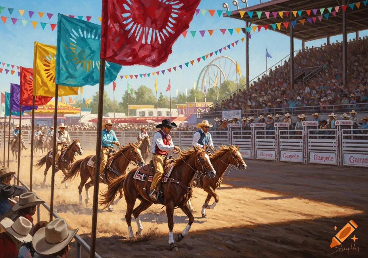 A realistic painting of cowboys riding horses in a rodeo arena under colorful flags, with a cheering crowd and a Ferris wheel in the background.