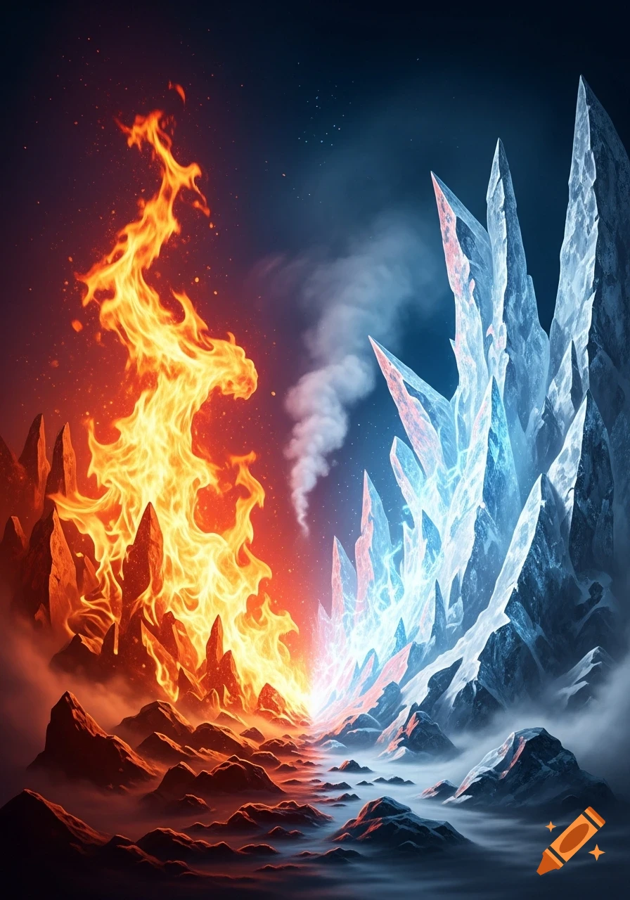 A fantasy landscape dramatically split between fiery, volcanic terrain and jagged, icy mountains, under a dark, celestial sky.